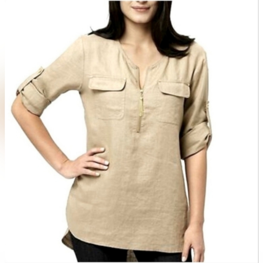 Ellen Tracy 100% Linen V-Neck 3/4 Sleeve Tunic